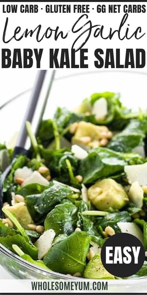 Baby Kale Avocado Salad Recipe with Lemon Garlic Vinaigrette & Parmesan - Learn how to make massaged baby kale salad! This easy baby kale avocado salad recipe with lemon garlic vinaigrette & parmesan will change how you see kale. #keto #ketodiet #glutenfree #healthy #lowcarb #Wholesomeyum #dinner #lunch Baby Kale Recipes, Lemon Garlic Vinaigrette, Keto Veggie Recipes, Kale Salad Dressing, Kale Avocado Salad, Baby Kale Salad, Best Avocado Recipes, Maple Dressing, Garlic Vinaigrette