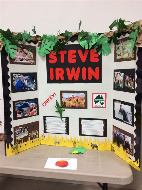 My son's 7th grade Steve Irwin wax museum trifold project board. Posterboard Projects For School, Trifold Poster Board Ideas, Wax Museum School Project, History Fair Projects, Tri Fold Poster Board, Wax Museum Project, Poster Board Ideas, Tri Fold Poster, Book Presentation