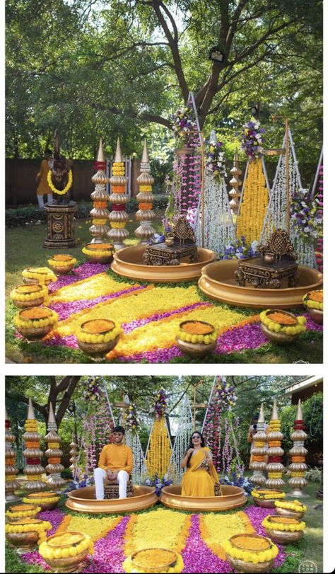 Outdoor Haldi Decor, Mehandi Backdrop, Haldi Songs, Haldi Stage, Haldi Backdrop, Haldi Ideas, Haldi Decoration Ideas, Asian Wedding Decor, Haldi Ceremony Decorations