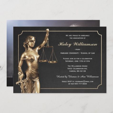 Law School Graduation Party, Law School Graduation, Lady Justice, Studying Law, Graduation Party Invitation, Chalkboard Background, Graduation Celebration, Graduation Party Invitations, Invitation Card Design