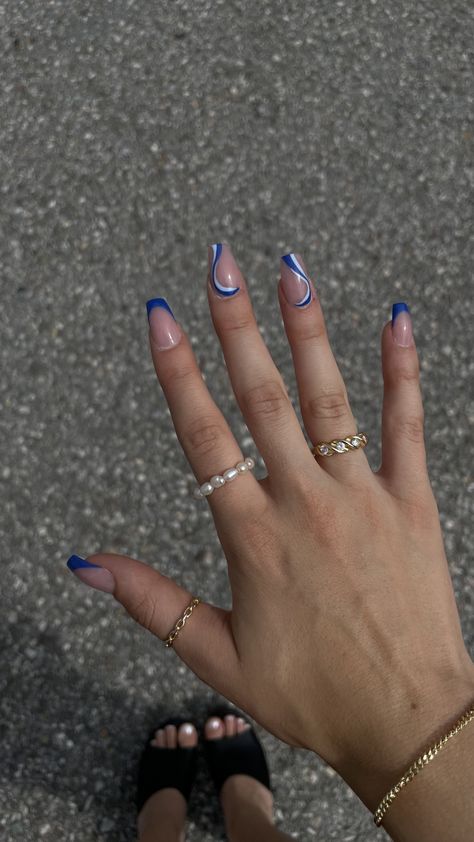 Nail ideasummer nailsnail inspoblue nailsblue nail ideas Nail Inspo Almond Short Blue, Gel Nail Designs Dark Blue, Blue Wave Nail Design, Blue Nails With Waves, Nail Inspiration Dark Blue, Blue Waves Nails, Festival Nails Blue, Summer Nail Inspo Coffin Blue, Blue Nail Inspo Coffin