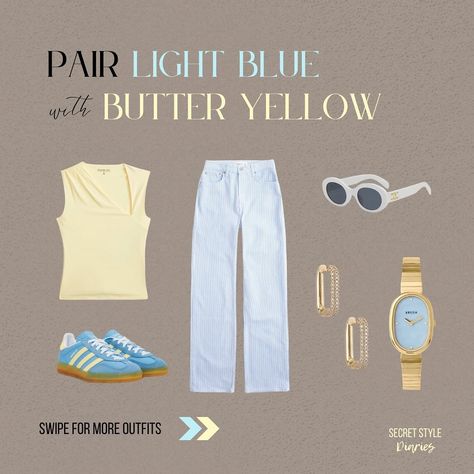 Spring-summer colour combo I’m loving- light blue & butter yellow! 🌼🦋 See how I style these colours together with different outfits. Follow The Secret Style Diaries for more colourful outfit inspo and styling tips! 🩵 💛 #springfashion #springsummer #springtrends2024 #whatstrendingnow #fashionpost #chiclooks #fashionblogger #lookbook #instafashion #pastelaesthetic #pasteloutfits #paste... Soft Yellow Outfit, Pastel Yellow Outfit, Colourful Outfit Ideas, Vegas Fits, Blue Summer Outfits, Blue Color Combinations, What Is Trending Now, Summer Palette, Color Combinations For Clothes