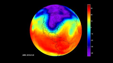 NASA's Atmospheric Infrared Sounder (AIRS) instrument captured the polar vortex as it moved southward from central Canada into the U.S. Midwest from January 20 to January 29. Arctic Air, Nasa Earth, Polar Vortex, Heat Map, Nasa Jpl, Teachable Moments, Satellite Image, Geology, Astronomy