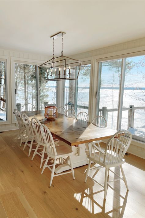 Canadian Cottage, Cozy Cottage Aesthetic, Muskoka Cottage Aesthetic, White Cottage Interiors, Fireplace Sitting Area, Cottage In Snow Aesthetic, Ontario Cottages, Muskoka Cottage, Cottage Interior Design