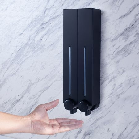 Quality Matte Black Wall Mounted Commercial Soap Dispenser Manufacturer | HOMEPLUZ Black Soap Dispenser Bathroom, Bathroom Dispenser, Creative Bathroom Ideas, Quite Luxury, Island Bathroom, Shower Soap Dispenser, Soap Dispenser Bathroom, Bathroom Dispensers, Tape Installation