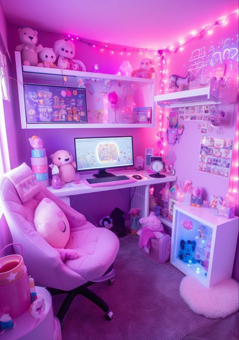 Pink Computer Setup, Pink Wallpaper Bedroom Ideas, Pink Wallpaper Bedroom, Cottagecore Chic, Pink Computer, Japan Room, Pink Office Decor, Gaming Girl, Games Room Inspiration