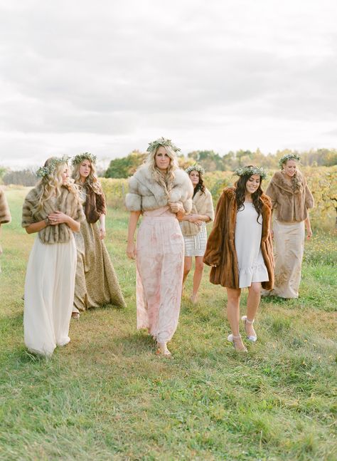 Bridesmaids in Flower Crowns and Fur Wraps - dont really love the look of the dresses but i like that they are all different and that they take it over the top with the fur and headpieces Winter Wedding Fur Shawl, Fur Stole Wedding, Canandaigua Lake, Winter Wedding Fur, Nursery Wedding, Fur Shawl Wedding, Vintage Fur Stole, Elegant Winter Wedding, Bridal Fur