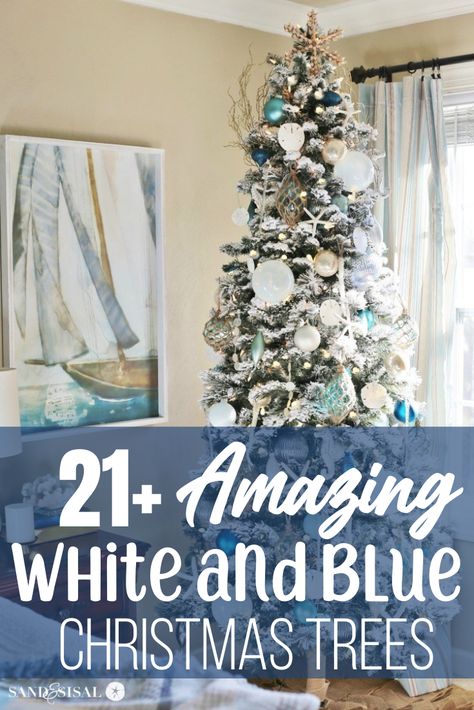 Slim Beach Tree, Silver White Blue Christmas Tree, Blue And White Tree Christmas, Beach Christmas Tree Ideas, Costal Christmas Tree Ideas, White And Blue Christmas Tree Ideas, Flocked Christmas Trees Decorated Blue, White Christmas Tree Blue Decorations, Blue And White Christmas Tree Ideas