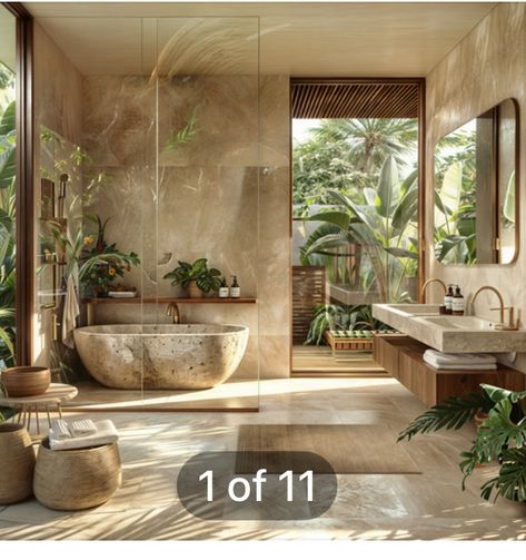 House Interior 2024 Trends, Amazing Bathrooms Master Baths, Home Spa Room Decor, Large Bathroom Ideas, Hotel Inspired Bathroom, Hotel Room Ideas, Aesthetic Bathrooms, Balinese Bathroom, Spa Decor Ideas