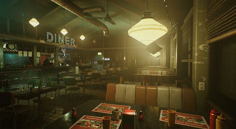 Diner Booth, Frame Composition, Diner Aesthetic, Detective Aesthetic, Club Restaurant, Retro Office, Environment Art, Restaurant Concept, Holiday Break