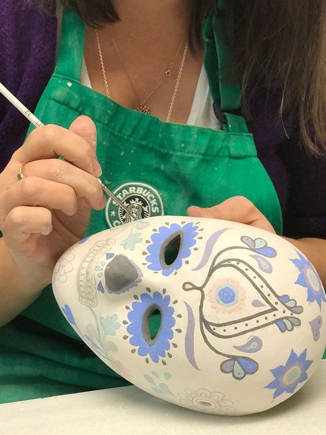 Skull Pottery Painting Ideas, Ceramic Face Mask, Ceramic Masks Ideas, Ceramics Mask, Mask Pottery, Ceramic Sugar Skull, Ceramic Mask, Kids Pottery, Clay Masks