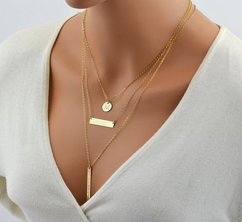 Personalised Jewellery Necklaces, Jewelry Bar, Floating Diamond Necklace, Layering Jewelry, Sideways Initial Necklace, Padlock Necklace, Bar Necklace Personalized, Layered Necklace Set, Solid Gold Necklace