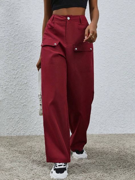 SHEIN Women's Solid Color Casual Cargo Pants in burgundy? They're a casual style pair of pants with a plain pattern. These wide-leg pants have a zipper fly closure. I think they would be a great addition to your tomboy outfits! 🌟👖 #cargopants #burgundy #casualstyle Trouser Outfit, Casual Cargo Pants, Tomboy Outfits, Women Pants, Cargo Pants Women, Pair Of Pants, Upgrade Your Wardrobe, Pants Trousers, Favorite Jeans