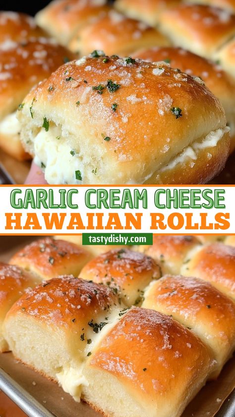 Garlic Cream Cheese Hawaiian Rolls Hawaiian Roll Thanksgiving, Thanksgiving Hawaiian Rolls, Cheese Stuffed Hawaiian Rolls, Garlic Cream Cheese Hawaiian Rolls, Cream Cheese Stuffed Hawaiian Rolls, Hawaiian Roll Cheese Bread, Leftover Hawaiian Rolls, Hawaiian Thanksgiving Recipes, Hawaiian Roll Appetizers