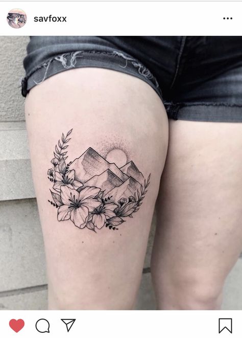 Mountain And Birth Flower Tattoo, Mountain Sunflower Tattoo, Mountain Flower Tattoo, Banff Tattoo, Mountain Tattoos For Women, Azalea Tattoo, Women Calves Tattoo, Moutain Tattoos, Polar Bear Tattoo