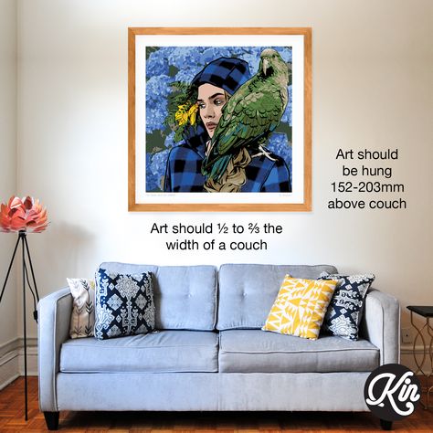 3 tips on how to hang art correctly above a couch: - Art should be hung 152-203mm above a couch - Art should ½ to ⅔ the width of a couch - Hang art at eye level #art #artist #interiordesign Large Artwork Over Couch, Art Work In Living Room, Mirror And Art Above Couch, Behind The Couch Art, Wall Above Sectional Couch, Art Above Sofas, Art Over Sofa Living Rooms, Large Wall Art Behind Couch, Hanging Art Above Couch