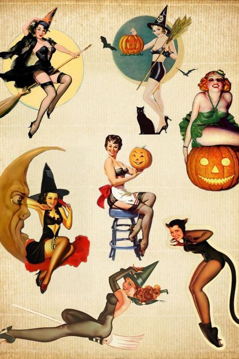 Halloween Vintage Illustration, Vintage Halloween Art Witches, Vintage Halloween Pinup Art, Witch Pinup Art, Halloween Illustration Vintage, Halloween Vintage Cartoon, Vintage Witch Illustration, Cute Halloween Prints, Vintage Pumpkin Illustration