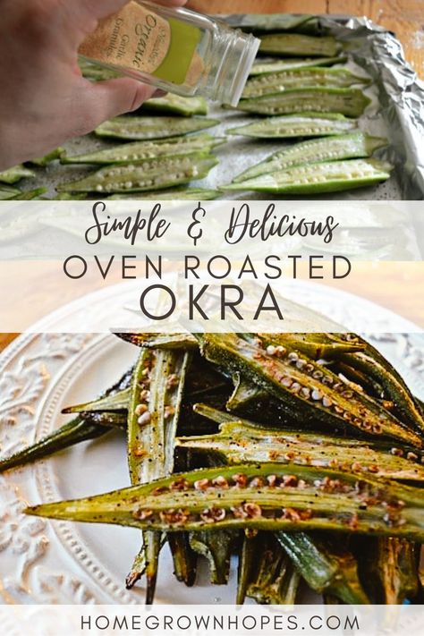 This delicious oven roasted okra is bursting with garden flavor. It’s not your typical southern take where we chop it into bits and fry the life out of it, and I have to say I much prefer this flavorful version. It is healthier and so easy to make! It makes a simple side dish for a quick dinner. It is baked on a sheet pan and made with simple ingredients and fresh okra pods. This is one of my favorite recipes to use my garden harvest during the summer! Oven Roasted Okra, Baked Okra, Roasted Okra, Okra Fries, Roasted Vegetables Oven, Okra Recipes, Good Roasts, Easy Oven, Healthy Side Dishes