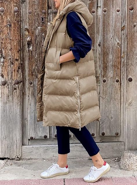 Amazon.com: Avilego Women's Hooded Long Down Vest Full-Zip Sleeveless Puffer Vest Fashionable Coats Jacket : Clothing, Shoes & Jewelry Long Hooded Jacket, Long Puffer Jacket, Elegant Blazers, Cozy Coats, Gilet Long, Long Puffer, Hooded Vest, Cotton Coat, Sleeveless Jacket