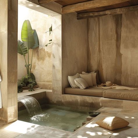 Relax and Rejuvenate in a Modern Oasis Sunken Bathroom, Wabi Sabi Modern Interior, Cozy Daybed, Earthy Bathroom Ideas, Bathroom Sink Ideas, Earthy Interiors, Zen Retreat, Organic Bathroom, Earthy Bathroom