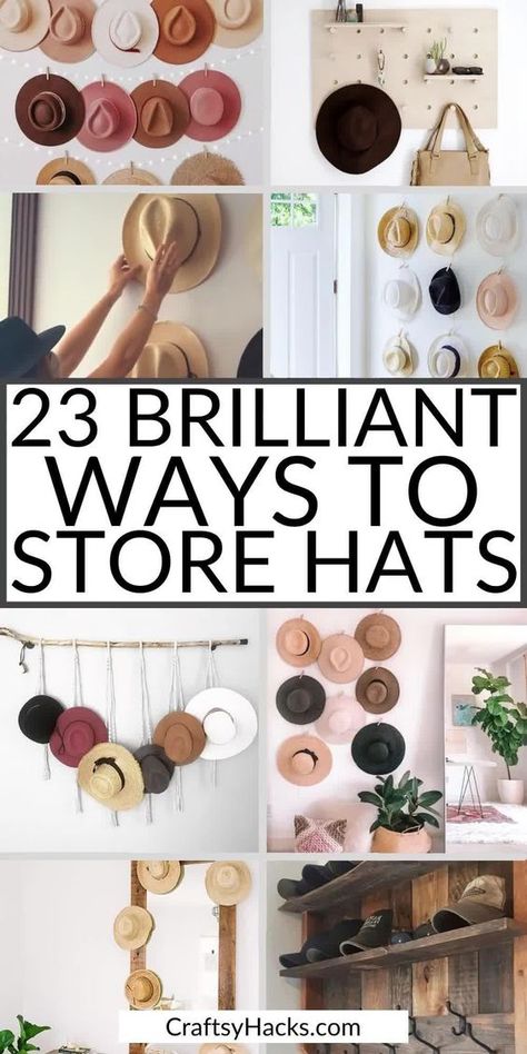 Hang Up Hats On Wall, Hats Hanger Ideas, Hat Decorations Ideas, Pegboard Hat Rack Diy, Ways To Display Hats On Wall, Hat Organizer Wall, Straw Hat Display, Vertical Hat Rack Diy, Hat Display In Closet