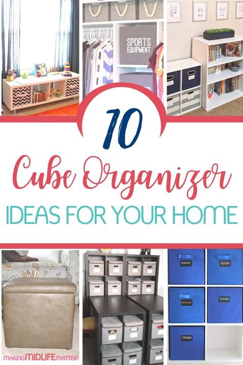 Closets With Cube Organizer, How To Organize Cube Shelves, Organize Cube Storage, Fabric Cube Storage Bin Ideas, Cubby Ideas Bedroom, Organizing Cube Storage, Cube Storage Organization, Cube Shelf Organization Ideas, 4 Cube Organizer Ideas