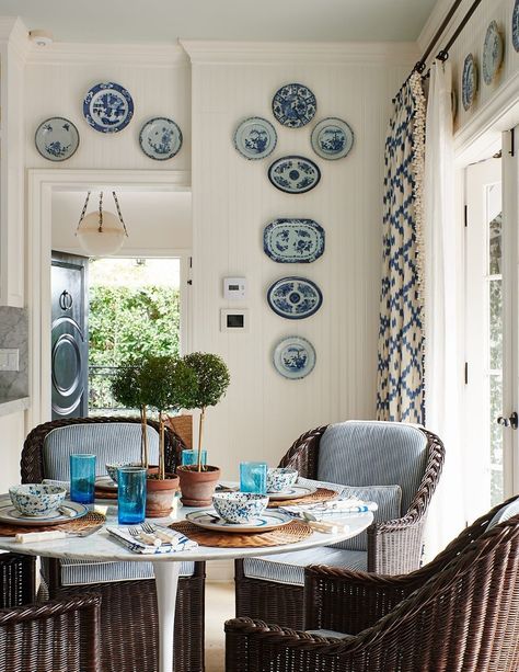 Decorating With Blue And White, Decorating With Blue, Plates On The Wall, Mark Sikes, Blue And White Home, Hollywood Hills Homes, Mark D Sikes, Wicker Dining Chairs, White Home