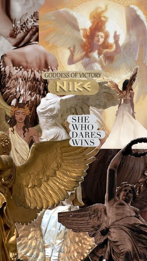 Nike Goddess Aesthetic Collage Nike Goddess Art, Nike Aesthetic Goddess, Modern Goddess Aesthetic, Sun Goddess Aesthetic, Antheia Goddess, Mythology Collage, Goddess Collage, Greek Goddess Nike, Legend Aesthetic