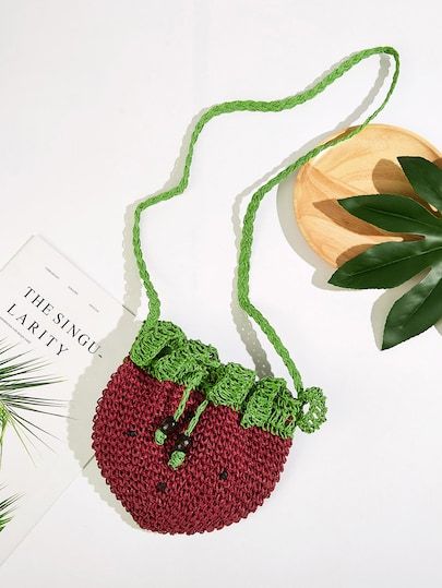 Straw Bags | SHEIN Strawberry Design, Dating Gifts, Crochet Strawberry, Straw Clutch, Straw Tote Bag, Sunflower Pattern, Woven Tote Bag, Straw Bags, Round Bag