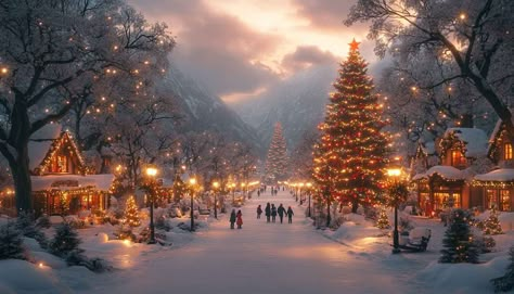 A beautiful winter scene of a snowy town with Christmas lights and a towering Christmas tree. Perfect for a festive desktop or laptop wallpaper. Christmas Backgrounds For Laptop, Christmas Aesthetic Landscape Format, Desktop Wallpaper Hd 1080p Christmas, Holiday Wallpaper Laptop, Macbook Wallpaper High Quality Christmas, Christmas Tree Wallpaper Laptop, Background Natal Landscape, Winter Wallpaper For Laptop, Laptop Wallpaper Desktop Wallpapers Christmas