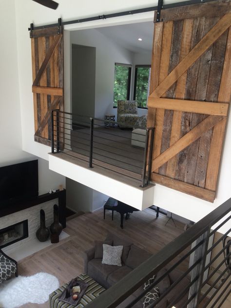 Loft Master Bedroom with Barn Doors Fancy Loft Apartment, House With Upstairs Loft, Barn Homes With Loft, Loft To Bedroom Conversion, Loft In Shop Ideas, Loft With Barn Doors, Barndo Loft Ideas, Master Loft Bedroom Ideas, Farmhouse Loft Ideas Upstairs