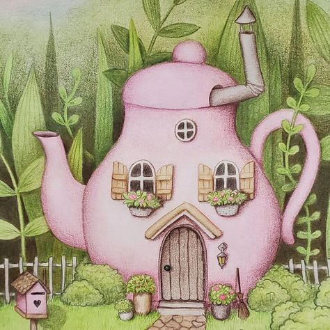 Tea Pot House Drawing, Teapot Drawing, Drawing Notebook, Birdhouse Craft, Cool Pencil Drawings, House Illustration, House Drawing, Quilts Ideas, Gift Art