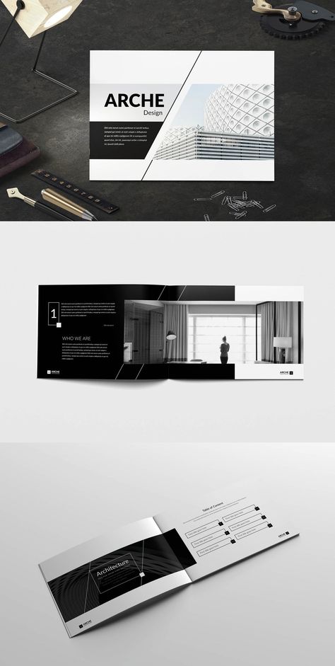 Architectural Brochure Design, Brochure Cover Design Inspiration, Brochure Design Architecture, Architect Brochure, Black Brochure, Corporate Architecture, Architecture Brochures, Catalog Design Layout, Medical Brochure