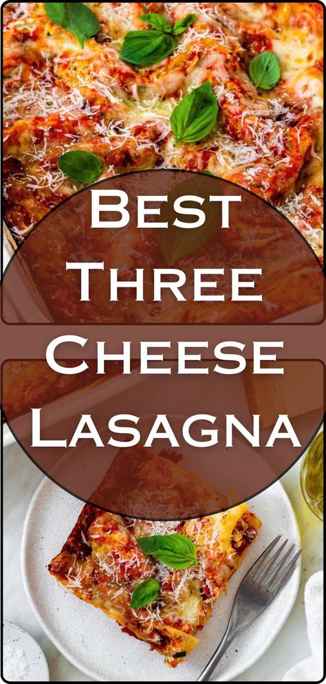 Collage of 2 images of three cheese meatless lasagna Meatless Lasagna Recipe, Easy Cheese Lasagna Recipe, Three Cheese Lasagna, Cheese Lasagna Recipe, Meatless Lasagna, Lasagna Recipe With Ricotta, Oven Ready Lasagna, Lasagna Recipes, Vegetarian Comfort Food