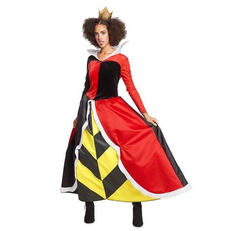 15 Delightful Disney Halloween Costumes for the Whole Crew | Brit + Co Queen Of Hearts Halloween Costume, Disney Villain Costumes, Queen Of Hearts Halloween, Wonderland Queen Of Hearts, Alice In Wonderland Queen, Stretch Velvet Dress, Queen Of Hearts Alice, Disney Queens, Queen Of Hearts Costume