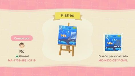 Animal Crossing Fish, Acnh Signs, Acnh Custom Codes, Acnh Layout, Unusual Hobbies, Fish Sign, Acnh Custom Design, Motif Acnl, Animal Crossing Patterns