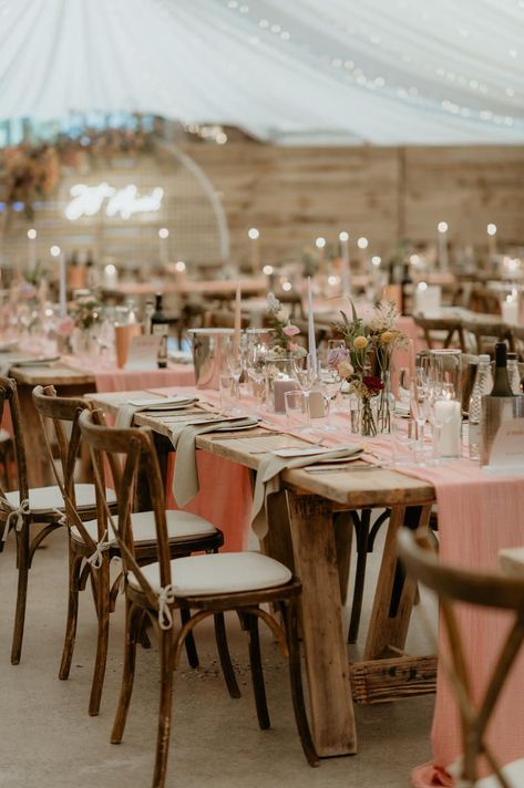 Pink Table Runners, Pink Wedding Sign, Rustic Pink Wedding, Boho Wedding Style, Wood Wedding Decorations, Pink Wedding Details, Trestle Tables, Modern Boho Wedding, Late Summer Wedding