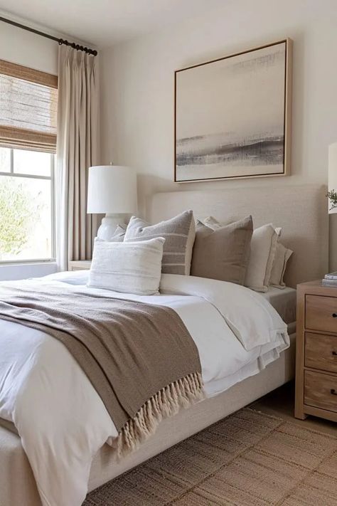 25 Modern Beige Bedroom Ideas for a Warm and Sophisticated Look - Roomy Retreat Beige Bed Frame Room Ideas, Beige Headboard Bedroom, Modern Beige Bedroom, Beige Bed Frame, Beige Bedroom Ideas, Apartment Bedrooms, Beige Headboard, Beige Bedroom Decor, Beige Room