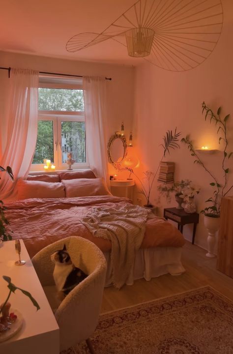 Pink Hippy Room, Pink And Earth Tones Bedroom, Pink Clay Bedding, Pink Yellow Orange Aesthetic Room, Colour Room Bedrooms, Peach Pink Room, Medium Sized Bedroom Ideas, Brown And Pink Room Aesthetic, Pink Bedframe Room Ideas