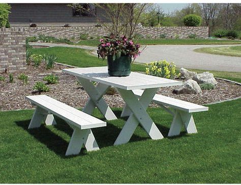 Wrought Studio Wyona Picnic Table with Benches White Picnic Table, Picnic Table With Benches, Picnic Table Decor, Picnic Benches, Day Ideas, Table With Benches, White Picnic, Table With Chairs, Table And Bench Set