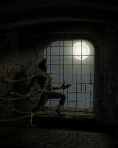 The chains were supposed to be glowing as it harness the werewolf's power but my skills can't catch up with my imagination yet. Lol. #photomanipulation #dailydesignchallenge #photoshop #werewolf #werewolfonline #dungeon #moonlight #howling #prisonisland Howling Werewolf, Design Challenges