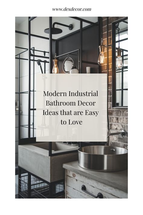 Modern industrial bathroom with metal fixtures and exposed brick, featuring a vessel sink and hanging light bulbs. Guest Bathroom Inspiration, Modern Industrial Bathroom, Kitchen Flooring Trends, Black Bathroom Fixtures, Industrial Bathroom Decor, Kitchen Tile Inspiration, Ensuite Bathroom Designs, Industrial Chic Kitchen, Rustic Industrial Kitchen