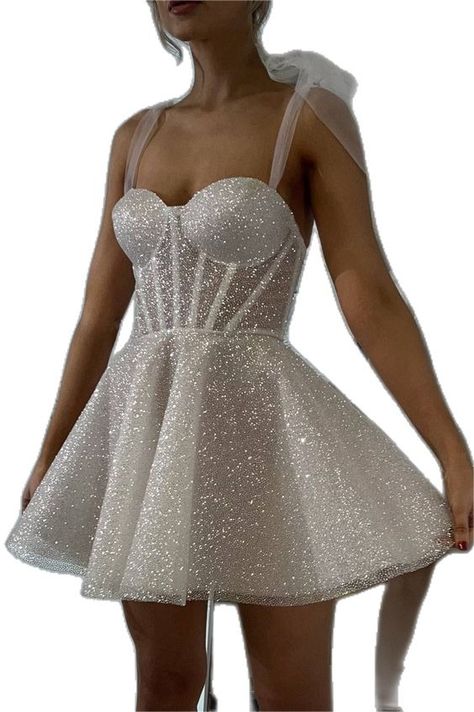 Lvs&Broner White Sequins Spaghetti Strap Sleeveless Short Homecoming Dress with Ruffles Mini Homecoming Dress, Stylish Gown, Mini Wedding Dresses, Mini Homecoming Dresses, 2024 Prom, Sweetheart Wedding Dress, Short Homecoming Dress, Dresses Ideas, Reception Dress