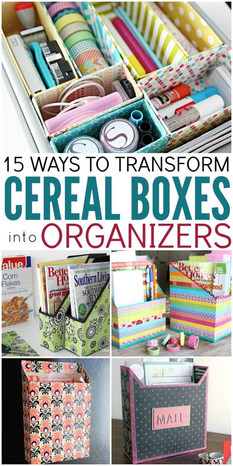 Stylish ways to upcycle cereal boxes and turn them into organizers around your home | hookedupshapewear.com Cereal Box Organizer, Diy Desk Organization, Diy Organizer, Chip Board, Desk Organization Diy, Crazy House, Cereal Boxes, Organisation Hacks, Room Deco