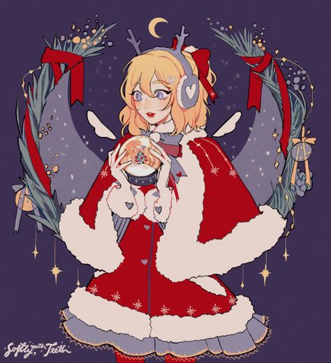 Christmas Character Drawing, Anime Christmas Art, Christmas Girl Drawing, Christmas Character Design, Christmas Oc, Art Twitter, New Year Art, Wreath Drawing, Roleplay Characters