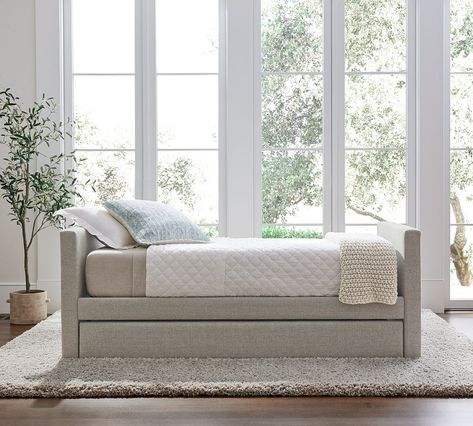 Elliot Upholstered Trundle Daybed | Pottery Barn Trundle Daybed, Round Nightstand, Trundle Mattress, Metal Nightstand, Upholstered Daybed, Twin Mattress Size, Daybed With Trundle, Small Space Solutions, Outdoor Furniture Collections