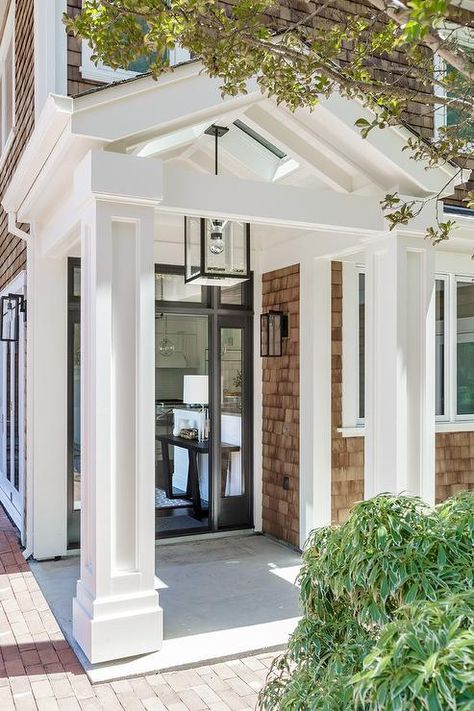 David Duncan Livingston Photography - Red brick pavers frame a portico complementing a shingled home exterior lit by portico lanterns. Front Door 2023, Red Brick Pavers, Portico Designs, Exterior Columns, Front Porch Columns, Porch Kits, Home Exteriors, Building A Porch, Porch Columns