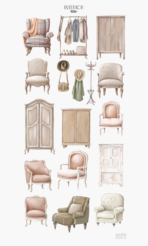 Watercolor Furniture Illustration, New Classic Furniture Salon, Illustrations Ideas, House Elements, Christmas Drawings, New Classic Furniture, Drawing Interior, Garden Illustration, Cute Illustrations