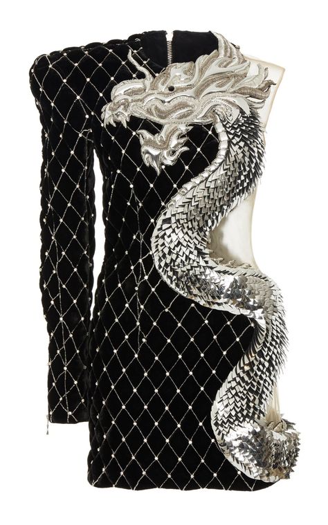 Dragon Embroidered Velvet Dress by Balmain PF19 | Moda Operandi Dragon Fashion Design, Dragon Inspired Fashion, Dragon Dress Outfit, Dragon Inspired Dress, Dragon Inspired Outfits, Dragon Outfit, Embroidered Velvet Dress, Dragon Dress, Balmain Dress