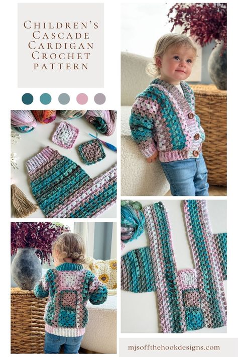 Introducing the Cascade Children's Cardigan Crochet Pattern—a free children's granny stitch cardigan pattern with a video tutorial. Granny Square Crochet Sweater Cardigans, Crochet Granny Cardigan Pattern Free, Granny Square Cardigan Pattern Free Kids, Free Crochet Kids Patterns, Toddler Granny Square Cardigan, Crochet Girls Cardigan Free Pattern, Crochet Kid Sweater, Kids Crochet Cardigan Pattern Free, Baby Granny Square Cardigan